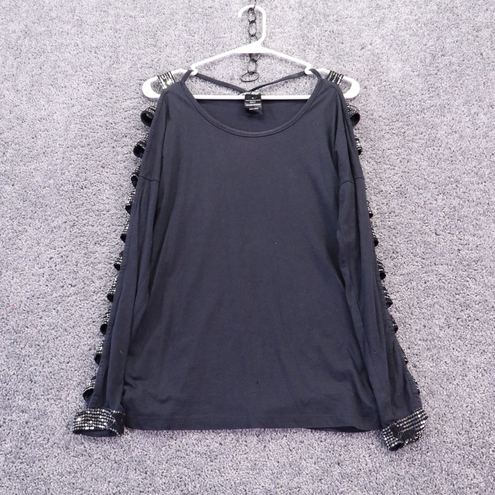 Bowgirl Tuff Top Womens Small Black Sequin Cold Shoulder Long Sleeve